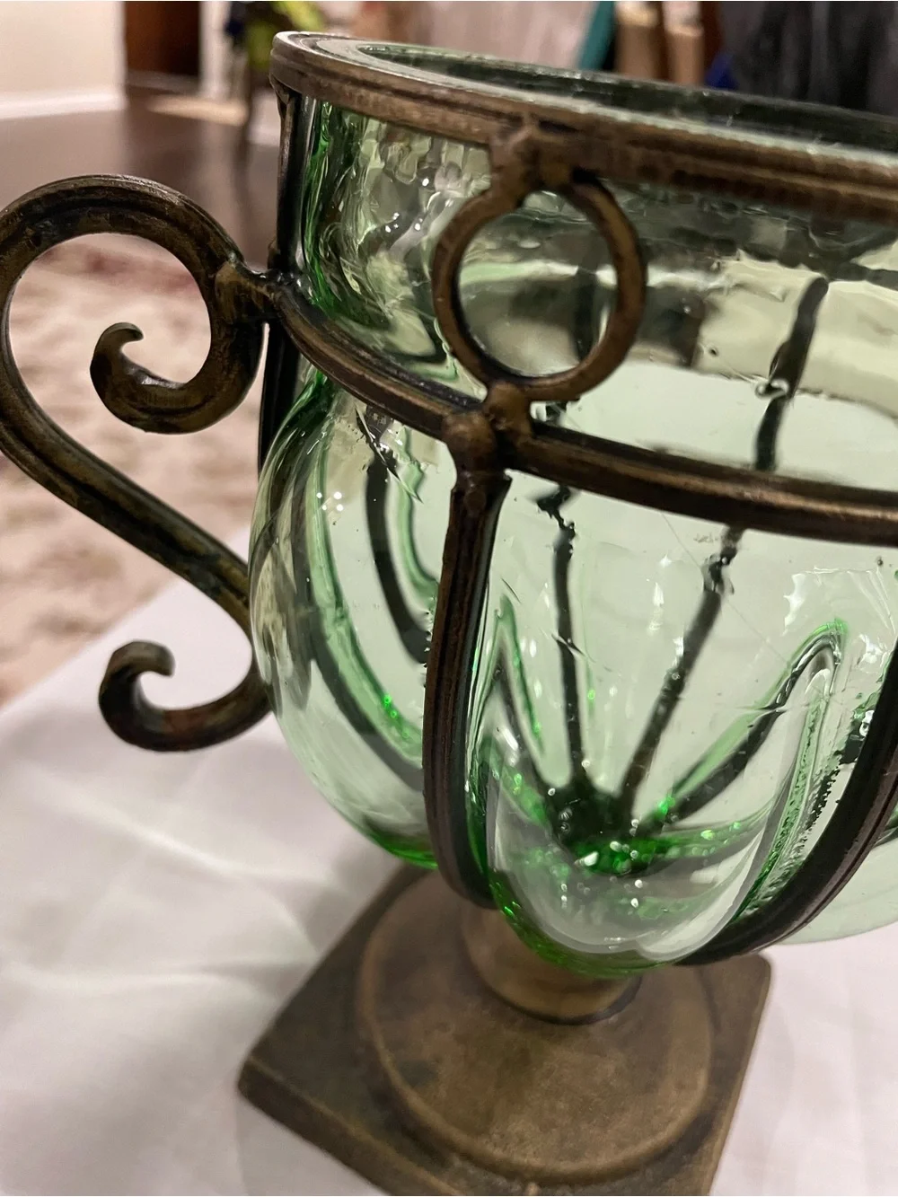 Vintage hand blown Caged green glass and wrought iron vase